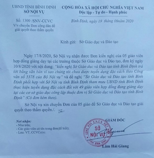 Công văn số 1300 của Sở Nội vụ (Ảnh:V.N) Công văn số 1300 của Sở Nội vụ (Ảnh:V.N)