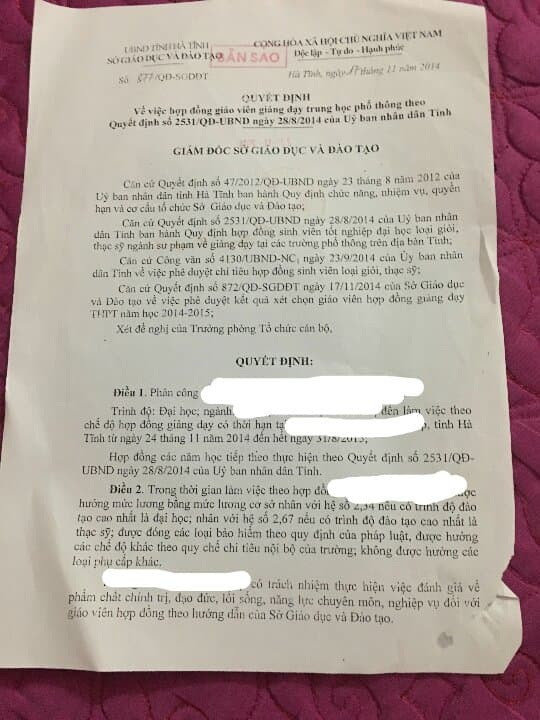 Quyết định của Sở Giáo dục và Đào tạo Hà Tĩnh hợp đồng giáo viên giảng dạy Trung học phổ thông theo Quyết định 2531/QĐ-UBND 28/8/2014.