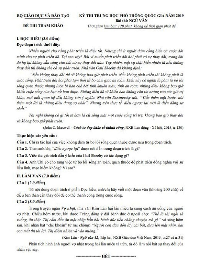 Đề tham khảo môn Ngữ văn của kỳ thi Trung học phổ thông Quốc gia. Đề tham khảo môn Ngữ văn của kỳ thi Trung học phổ thông Quốc gia.