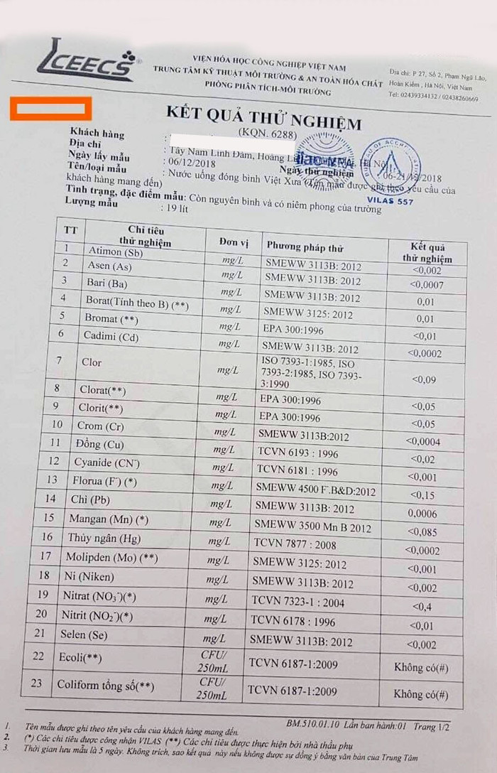 Các bản xét nghiệm mẫu nước Việt Xưa do phụ huynh học sinh cung cấp