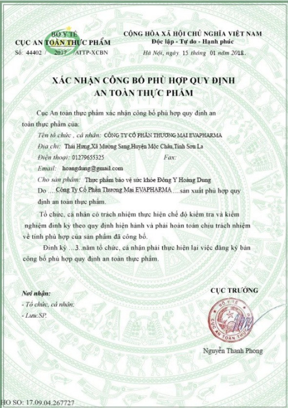 Giấy xác nhận công bố phù hợp quy định an toàn thực phẩm với sản phẩm giảm cân Đông y Hoàng Dung là giả.