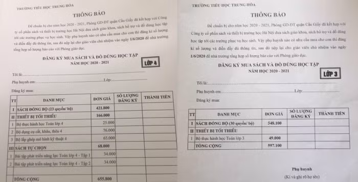 Bộ sách lớp 4 và lớp 3 được giáo viên chủ nhiệm Trường Tiểu học Trung Hòa thông báo đến phụ huynh khối 2 và khối 3. Ảnh: NVCC.