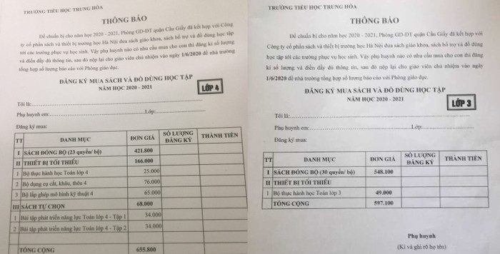 Bộ sách lớp 4 và lớp 3 được giáo viên chủ nhiệm Trường Tiểu học Trung Hòa thông báo đến phụ huynh khối 2 và khối 3. Ảnh: NVCC. Bộ sách lớp 4 và lớp 3 được giáo viên chủ nhiệm Trường Tiểu học Trung Hòa thông báo đến phụ huynh khối 2 và khối 3. Ảnh: NVCC.