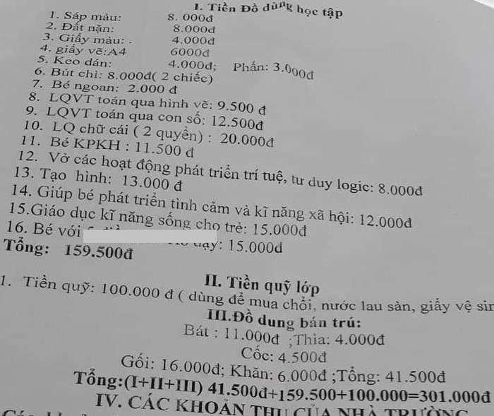 Ngoài khoản thu thỏa thuận, Trường mầm non Đông Khê còn thu nhiều khoản khác nữa như tiền đồ dùng dục cụ. Ảnh: NVCC. Ngoài khoản thu thỏa thuận, Trường mầm non Đông Khê còn thu nhiều khoản khác nữa như tiền đồ dùng dục cụ. Ảnh: NVCC.