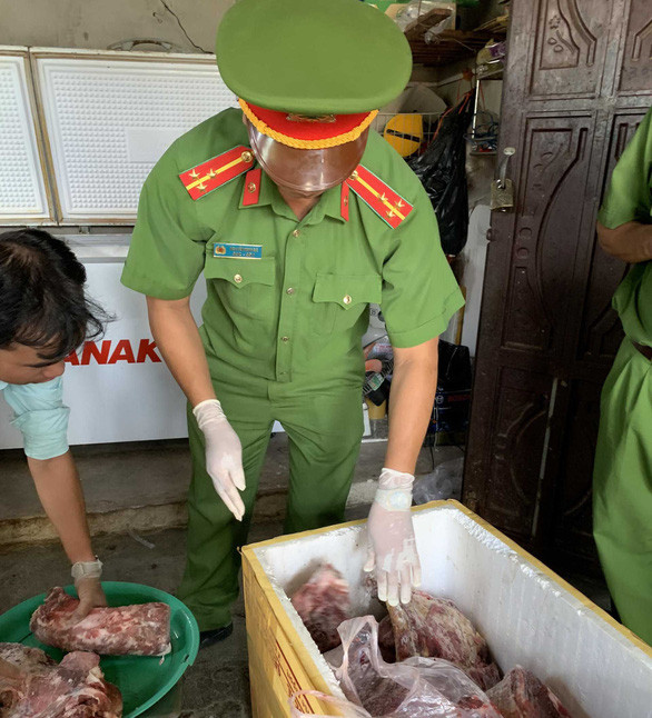 Cơ quan chức năng phát hiện thị heo nái tại cơ sở của ông Tân bốc mùi hôi thối, nhớt. Ảnh: Công an tỉnh Bình Thuận. Cơ quan chức năng phát hiện thị heo nái tại cơ sở của ông Tân bốc mùi hôi thối, nhớt. Ảnh: Công an tỉnh Bình Thuận.