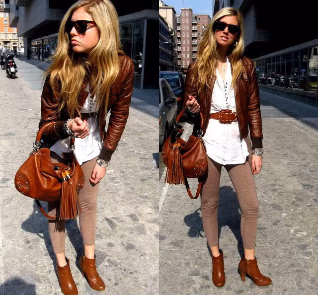 Thật phong cách hơn khi bước trên phố mùa thu với quần ôm sát trắng kết hợp với ankle, áo khoác, thắt lưng và túi xách cùng màu.