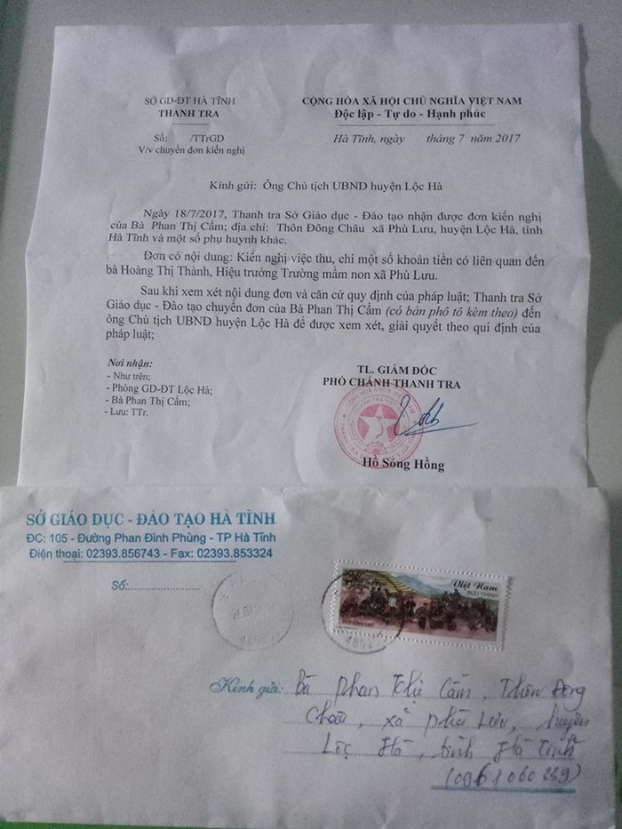Văn bản do ông Hồ Sóng Hồng - Chánh thanh tra Sở Giáo dục và Đào tạo Hà Tĩnh gửi cô Cẩm (ảnh do cô Cẩm cung cấp) Văn bản do ông Hồ Sóng Hồng - Chánh thanh tra Sở Giáo dục và Đào tạo Hà Tĩnh gửi cô Cẩm (ảnh do cô Cẩm cung cấp)