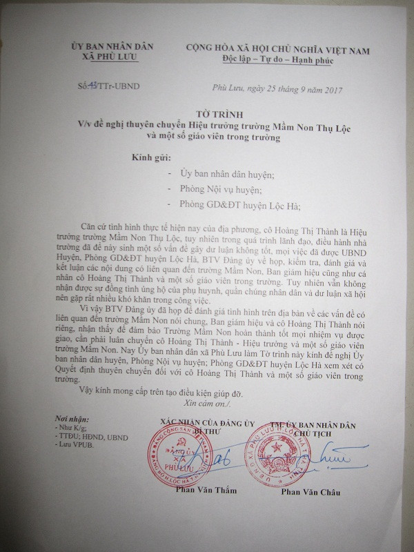 Tở trình đề nghị thuyên chuyển Hiệu trưởng và một số giáo viênTrường Mầm non Thụ Lộc. Tở trình đề nghị thuyên chuyển Hiệu trưởng và một số giáo viênTrường Mầm non Thụ Lộc.