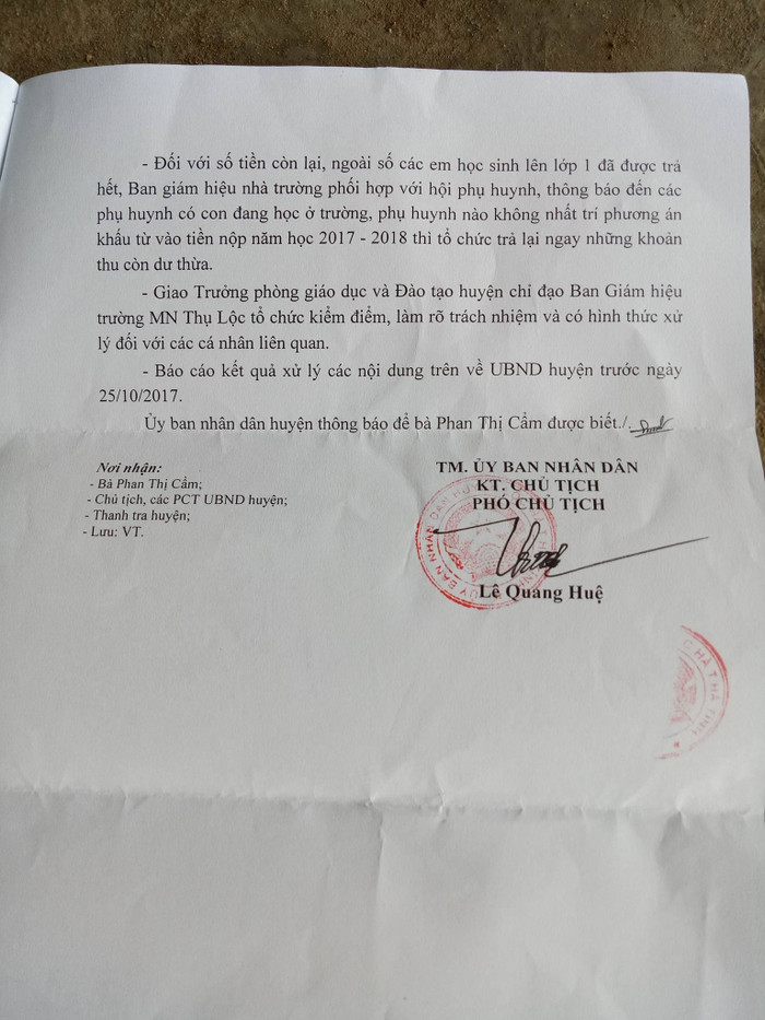 Văn bản thông báo kết quả xác minh. Ảnh: Lê Văn Vỵ Văn bản thông báo kết quả xác minh. Ảnh: Lê Văn Vỵ