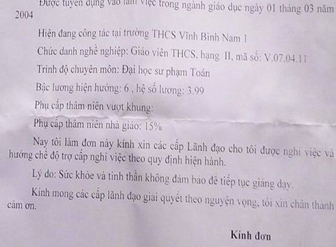 Trích đơn xin nghỉ việc của thầy T. gửi nhà trường (ảnh: P.L) Trích đơn xin nghỉ việc của thầy T. gửi nhà trường (ảnh: P.L)