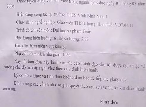 Trích đơn xin nghỉ việc của thầy T. gửi nhà trường (ảnh: P.L)