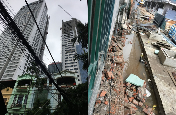 Dự án FLC Twin Towers giữa trung tâm Cầu Giấy chật chội lại được Sở Xây dựng cấp phép tòa tháp đôi một tòa 50 tầng và 38 tầng (ảnh bên phải). Hình ảnh người dân phản ánh dự án này xây 2 hầm ngầm lớn giống hầm chứa chất dễ cháy sát nhà dân. Ảnh: Vũ Phương. Dự án FLC Twin Towers giữa trung tâm Cầu Giấy chật chội lại được Sở Xây dựng cấp phép tòa tháp đôi một tòa 50 tầng và 38 tầng (ảnh bên phải). Hình ảnh người dân phản ánh dự án này xây 2 hầm ngầm lớn giống hầm chứa chất dễ cháy sát nhà dân. Ảnh: Vũ Phương.