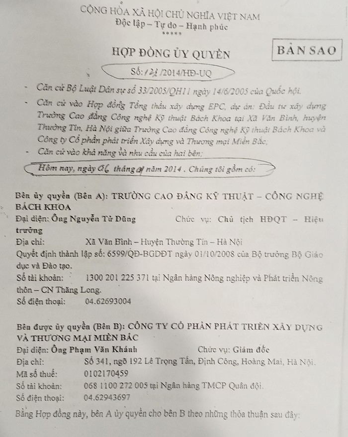 Hợp đồng Ủy quyền của Trường Cao đẳng Kỹ thuật Công nghệ Bách khoa giao đất cho doanh nghiệp tư nhân sử dụng (Ảnh:N.D) Hợp đồng Ủy quyền của Trường Cao đẳng Kỹ thuật Công nghệ Bách khoa giao đất cho doanh nghiệp tư nhân sử dụng (Ảnh:N.D)
