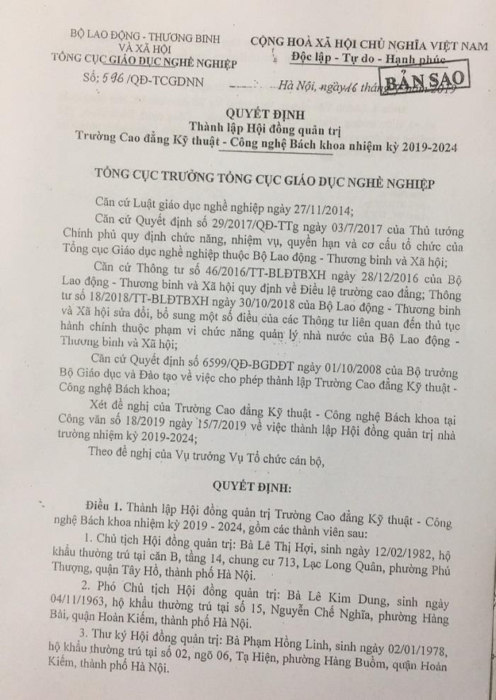 Theo quyết định của Tổng cục Giáo dục Nghề nghiệp Chủ tịch Quản trị của trường là bà Lê Thị Hợi (Ảnh:N.D) Theo quyết định của Tổng cục Giáo dục Nghề nghiệp Chủ tịch Quản trị của trường là bà Lê Thị Hợi (Ảnh:N.D)