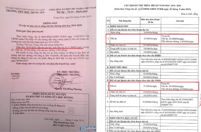 Thông báo của Trường Tiểu học Trung Yên (bên trái) và văn bản của Ủy ban nhân dân quận Cầu Giấy đều thu gộp tiền ăn bán trú, tiền uống sữa học đường. Ảnh chụp văn bản.