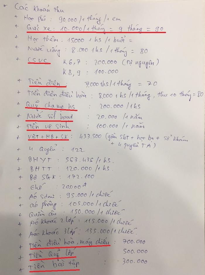 Trong các khoản thu trên phụ huynh Trường Đình Bảng nhận được chưa có tiền đồng phục học sinh. Ảnh: Nhân vật cung cấp.