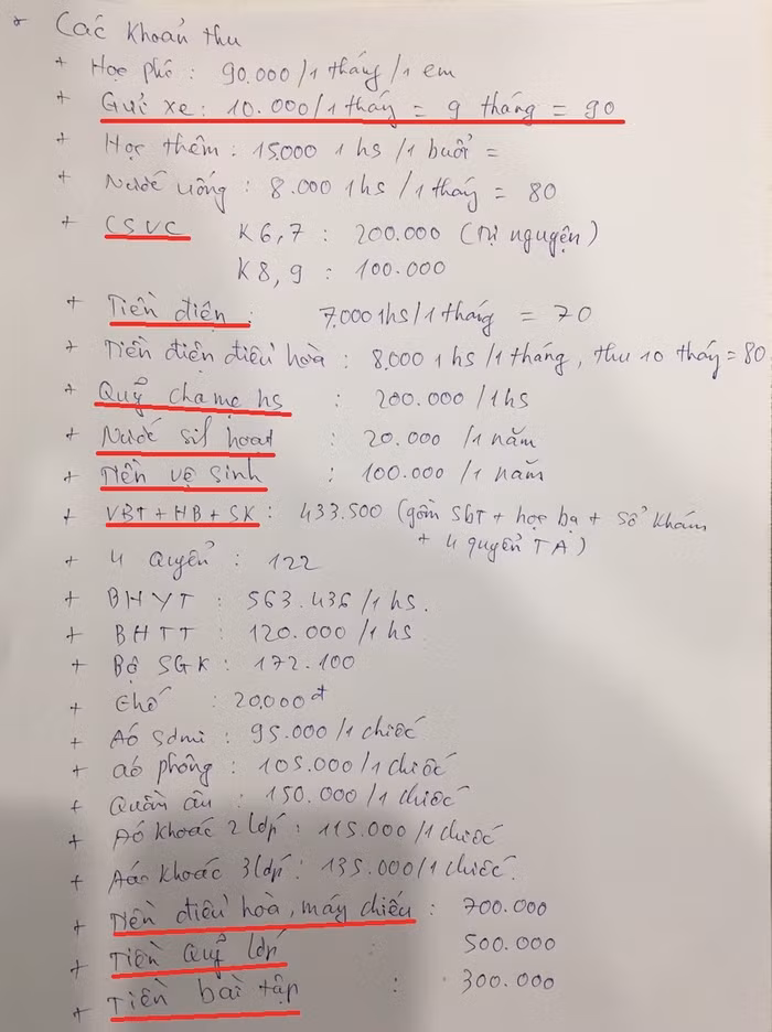 Trong các khoản thu trên phụ huynh Trường Đình Bảng nhận được chưa có tiền đồng phục học sinh. Ảnh: Nhân vật cung cấp.