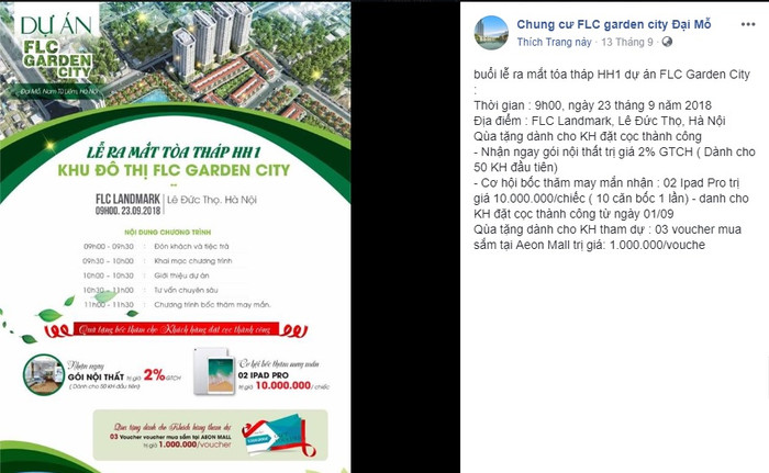 Theo quảng cáo, buổi lễ ra mắt tòa nhà HH-01 dự án FLC Garden City vừa diễn ra ngày 23/9. Ảnh: FB FLC Garden city Đại mỗ. Theo quảng cáo, buổi lễ ra mắt tòa nhà HH-01 dự án FLC Garden City vừa diễn ra ngày 23/9. Ảnh: FB FLC Garden city Đại mỗ.
