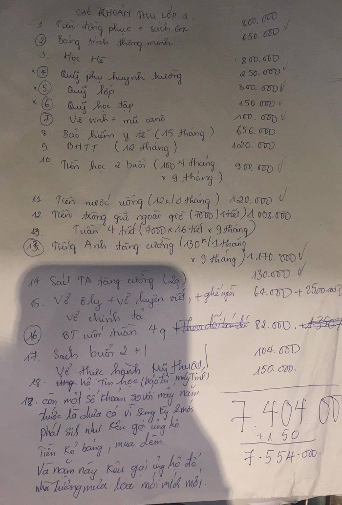 Danh sách 18 khoản nhà trường thu học sinh lớp 1 vấp phải sự phản ứng dữ dội từ phụ huynh vì có nhiều khoản rất vô lý. Ảnh: NVCC. Danh sách 18 khoản nhà trường thu học sinh lớp 1 vấp phải sự phản ứng dữ dội từ phụ huynh vì có nhiều khoản rất vô lý. Ảnh: NVCC.