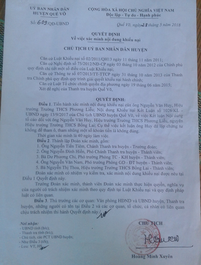 Chủ tịch Ủy ban nhân dân huyện Quế Võ ra quyết định xác minh khiếu nại khi đã hết thời hiệu khiếu nại nhiều tháng. Ảnh: NVCC.