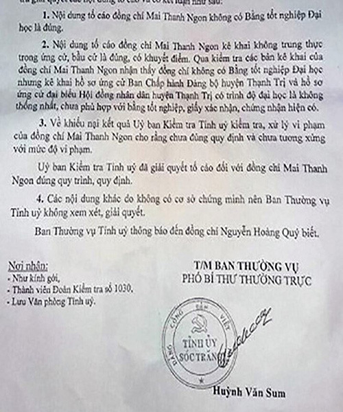 Trích công văn 819 do Phó Bí thư thường trực tỉnh Sóc Trăng ký hồi tháng 10/2018 (ảnh: CTV)