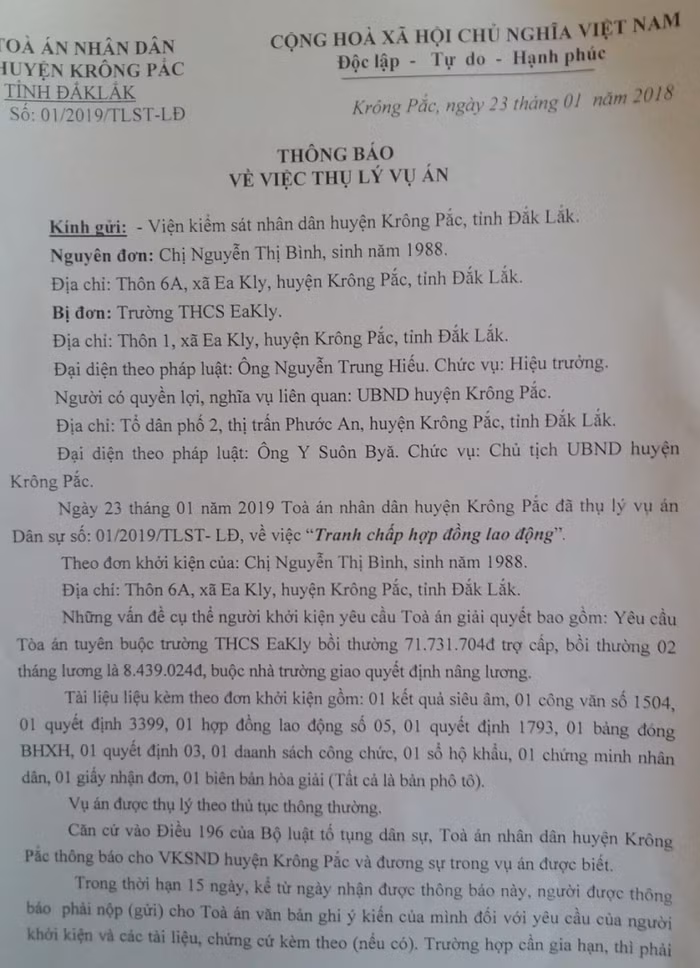 Quyết định 01 của Tòa án nhân dân huyện Krông Pắk về vụ kiện dân sự của cô Bình (ảnh: P.L)