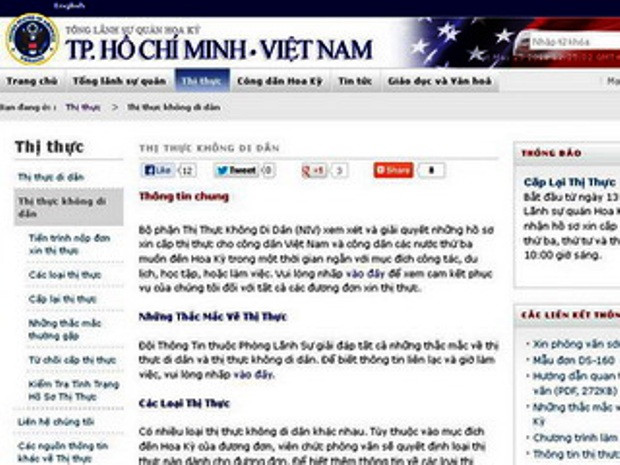 Website hướng dẫn xin cấp thị thực của tòa tổng lãnh sự Mỹ ở TP.HCM - Ảnh: Chụp màn hình Website hướng dẫn xin cấp thị thực của tòa tổng lãnh sự Mỹ ở TP.HCM - Ảnh: Chụp màn hình