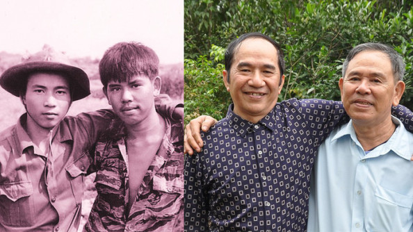 “Hai người lính” – chiến sĩ quân giải phóng Nguyễn Huy Tạo (trái) và người lính Việt Nam cộng hòa Bùi Trọng Nghĩa tại tuyến giáp ranh thôn Long Quang, xã Triệu Trạch, huyện Triệu Phong, tỉnh Quảng Trị tháng 4/1973 và gặp lại nhau đầu năm 2018 ở địa điểm xưa. Ảnh: Chu Chí Thành đăng trên Báo Phụ nữ Việt Nam “Hai người lính” – chiến sĩ quân giải phóng Nguyễn Huy Tạo (trái) và người lính Việt Nam cộng hòa Bùi Trọng Nghĩa tại tuyến giáp ranh thôn Long Quang, xã Triệu Trạch, huyện Triệu Phong, tỉnh Quảng Trị tháng 4/1973 và gặp lại nhau đầu năm 2018 ở địa điểm xưa. Ảnh: Chu Chí Thành đăng trên Báo Phụ nữ Việt Nam