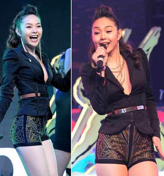 Bông tai, vòng cổ, thắt lưng và quần đen trang trí bắt mắt tạo nên cho Minh Hằng sự hoàn hảo khi mặc màu đen hát trên sân khấu. Bông tai, vòng cổ, thắt lưng và quần đen trang trí bắt mắt tạo nên cho Minh Hằng sự hoàn hảo khi mặc màu đen hát trên sân khấu.