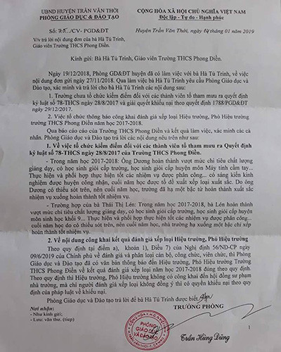 Văn bản trả lời bà Trinh của Phòng Giáo dục và Đào tạo huyện Trần Văn Thời, tỉnh Cà Mau (ảnh: P.L) Văn bản trả lời bà Trinh của Phòng Giáo dục và Đào tạo huyện Trần Văn Thời, tỉnh Cà Mau (ảnh: P.L)