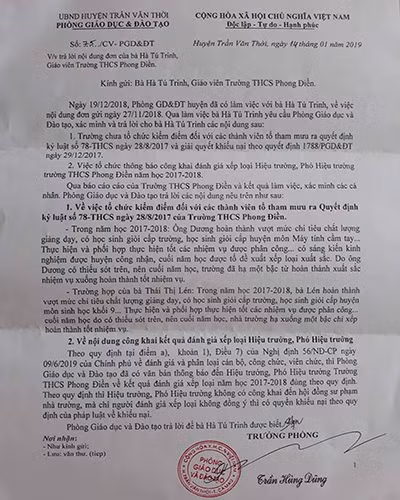 Văn bản trả lời bà Trinh của Phòng Giáo dục và Đào tạo huyện Trần Văn Thời, tỉnh Cà Mau (ảnh: P.L)