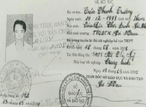 Bằng tốt nghiệp trung học phổ thông hệ bổ túc giả của ông Trần Thanh Trường (ảnh: CTV)