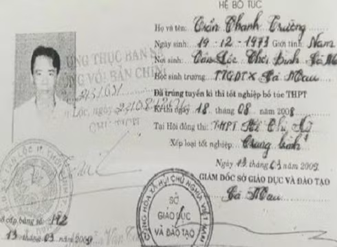 Bằng tốt nghiệp trung học phổ thông hệ bổ túc giả của ông Trần Thanh Trường (ảnh: CTV)