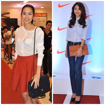 3. Tăng Thanh Hà - ngọc nữ thanh lịch Nếu bạn muốn trở thành một quý cô thanh lịch như Hà Tăng, hãy xem cách cô mix chiếc áo sơ mi với chân váy đỏ và quần jean gân vô cùng ăn ý này.