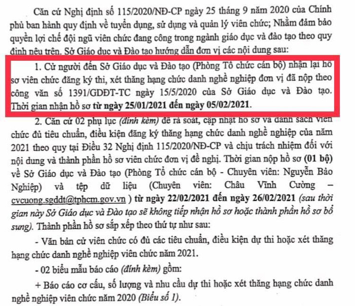 Văn bản thông báo bổ túc hồ sơ thăng hạng sau 9 tháng giáo viên mỏi mòn chờ đợi. (Ảnh do tác giả cung cấp) Văn bản thông báo bổ túc hồ sơ thăng hạng sau 9 tháng giáo viên mỏi mòn chờ đợi. (Ảnh do tác giả cung cấp)