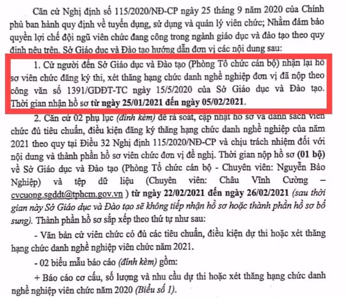 Văn bản thông báo bổ túc hồ sơ thăng hạng sau 9 tháng giáo viên mỏi mòn chờ đợi. (Ảnh do tác giả cung cấp) Văn bản thông báo bổ túc hồ sơ thăng hạng sau 9 tháng giáo viên mỏi mòn chờ đợi. (Ảnh do tác giả cung cấp)