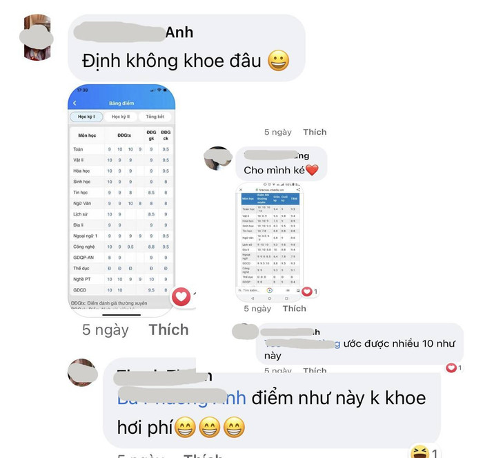 Sau mỗi đợt thi học kỳ, phụ huynh lại bước vào mùa khoe thành tích của con. (Ảnh chụp màn hình facebook)