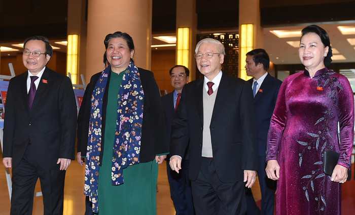 Tổng Bí thư, Chủ tịch nước Nguyễn Phú Trọng dự gặp mặt kỷ niệm 75 năm ngày Tổng tuyển cử đầu tiên. Ảnh: VGP/Quang Hiếu