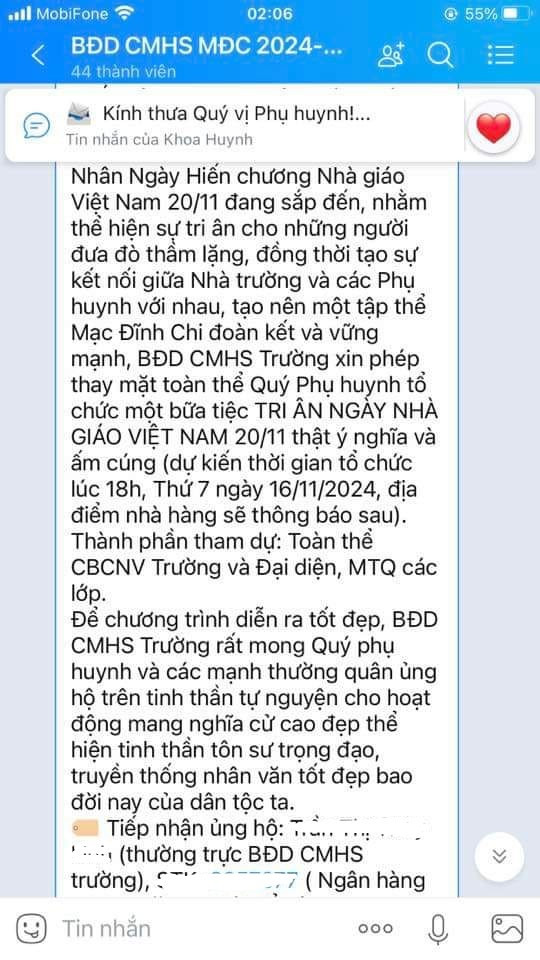 Tin nhắn trong nhóm zalo của Ban đại diện cha mẹ học sinh Trường Mạc Đĩnh Chi (ảnh chụp màn hình) tinnhanMDC2.jpg