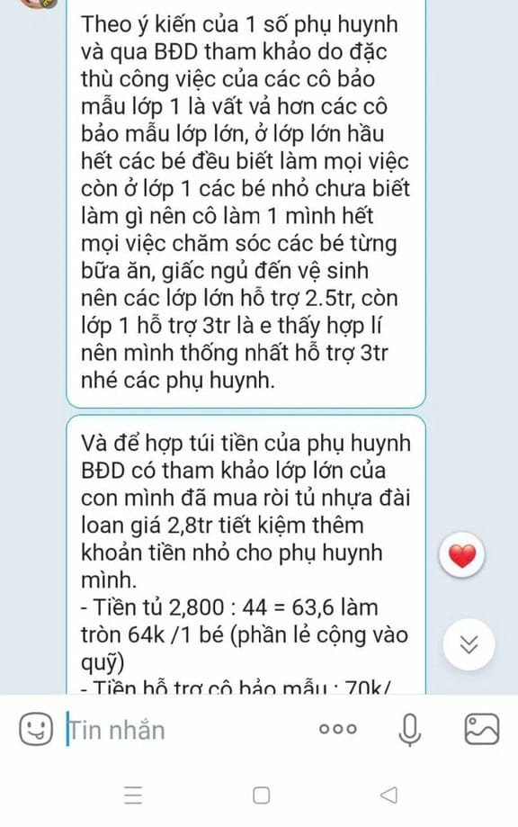 Tin nhắn zalo bàn về việc chi tiền dành cho bảo mẫu của phụ huynh lớp 1/3 (ảnh chụp màn hình) bangchi13DinhBoLinhcjpg.jpg