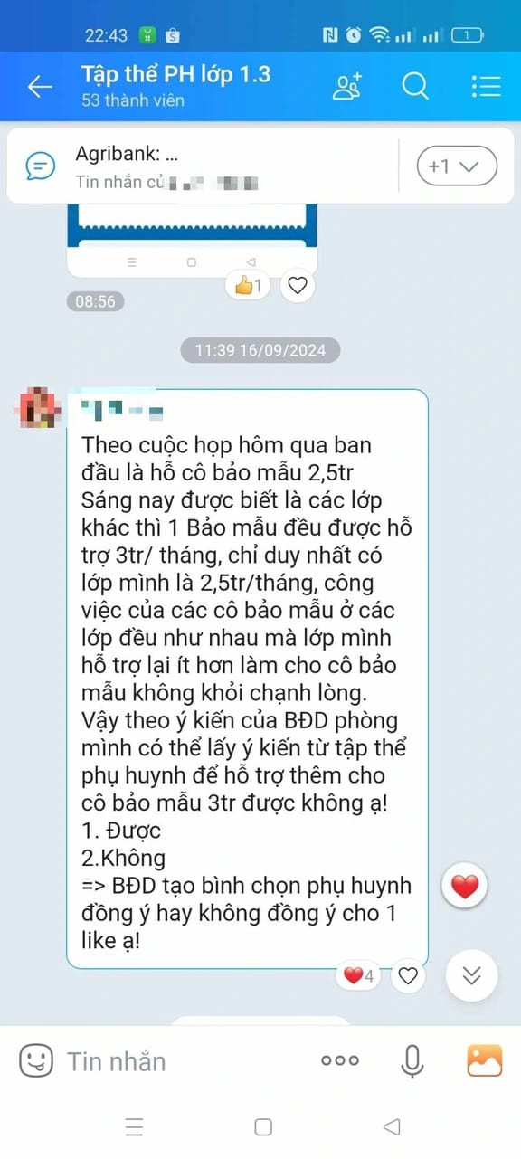 Tin nhắn zalo bàn về việc chi tiền cho bảo mẫu của các phụ huynh lớp 1/3 (ảnh chụp màn hình) bangchi13DinhBoLinhb.jpg