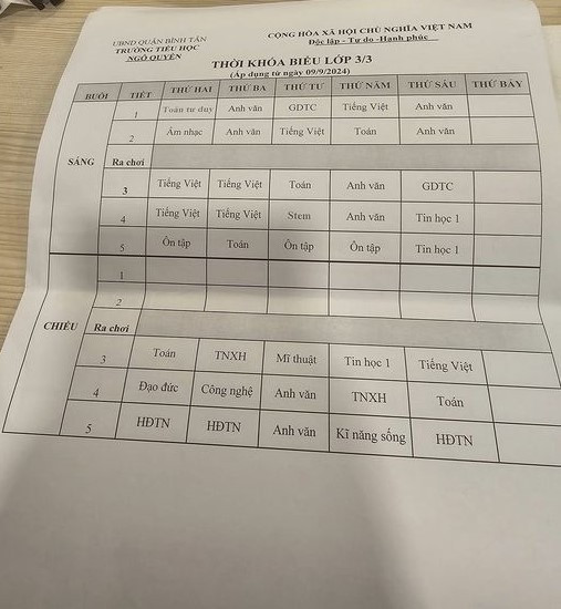 Thời khóa biểu của một lớp học tại Trường tiểu học Ngô Quyền, Quận Bình Tân (ảnh: CTV) gdvn_TKBNgoQuyen.jpg