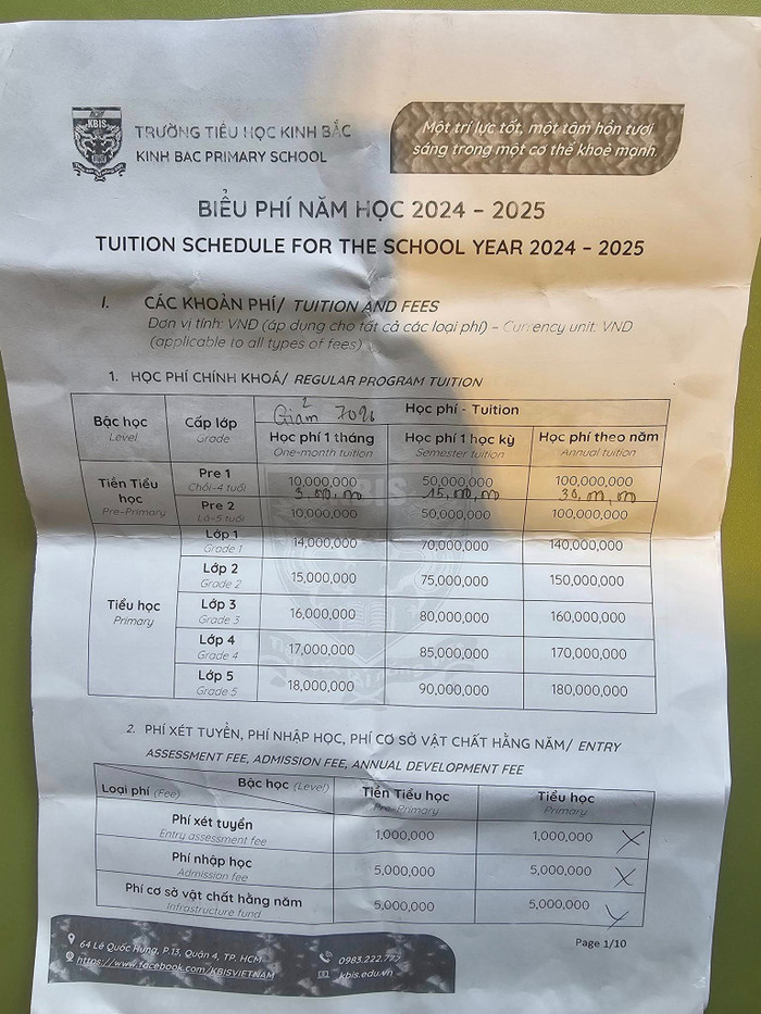 Biểu phí năm học 2024 - 2025 của Trường tiểu học Kinh Bắc, trong đó có ghi rõ hai lớp Pre 1 và Pre 2 (ảnh: V.D) gdvn_bieuphiKinhBac.jpg