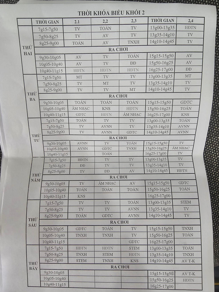Thời khóa biểu khối 2 với 6 tiết/buổi học tại Trường tiểu học Hồ Văn Thanh (ảnh: V.D) gdvn_TKBK2HVT.jpg