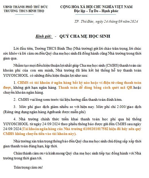 Văn bản của Trường trung học cơ sở Bình Thọ, Thủ Đức gửi tới cha mẹ học sinh hôm 24/9 (ảnh chụp màn hình) 1000008577.jpg