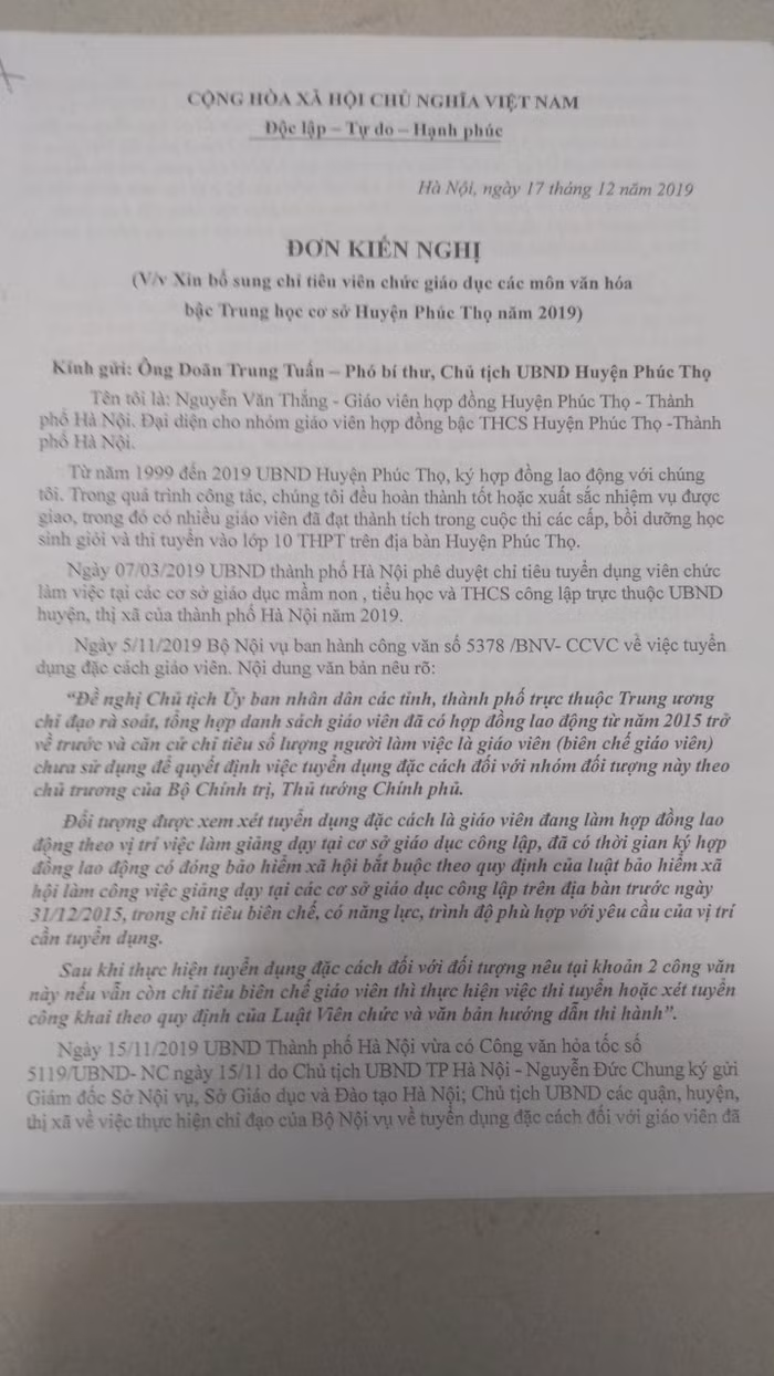 Đơn kiến nghị của 90 giáo viên hợp đồng huyện Phúc Thọ (Ảnh:V.N)