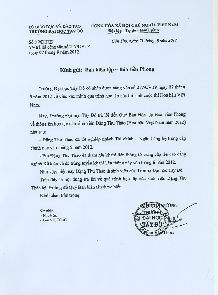 Công văn trả lời của Đại học Tây đô liên quan chuyện học vấn Thu Thảo.