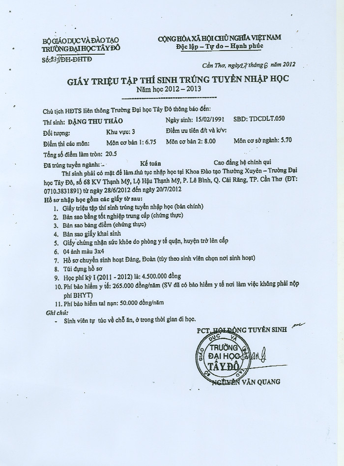 Giấy triệu tập nhập học của Thu Thảo.