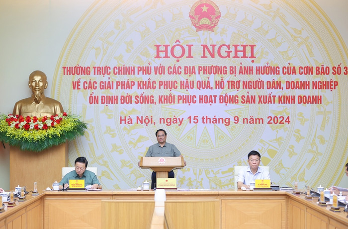Thủ tướng Chính phủ Phạm Minh Chính chủ trì Hội nghị Thường trực Chính phủ với các địa phương bị ảnh hưởng do cơn bão số 3 về các giải pháp khắc phục hậu quả, hỗ trợ người dân, doanh nghiệp ổn định đời sống, khôi phục hoạt động sản xuất, kinh doanh, thúc đẩy tăng trưởng. Ảnh: VGP/Nhật Bắc Thủ tướng Chính phủ Phạm Minh Chính chủ trì Hội nghị Thường trực Chính phủ với các địa phương bị ảnh hưởng do cơn bão số 3 về các giải pháp khắc phục hậu quả, hỗ trợ người dân, doanh nghiệp ổn định đời sống, khôi phục hoạt động sản xuất, kinh doanh, thúc đẩy tăng trưởng. Ảnh: VGP/Nhật Bắc
