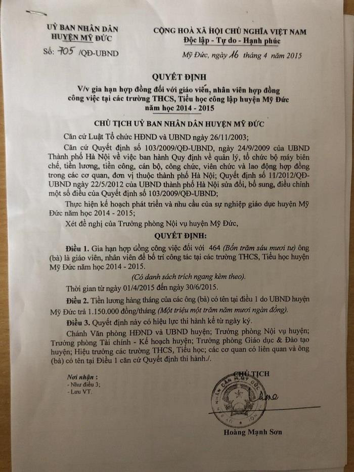 Năm học 2014-2015 huyện Mỹ Đức từng tuyển dụng ồ ạt 464 giáo viên, nhân viên hợp đồng (Ảnh: Vũ Ninh) Năm học 2014-2015 huyện Mỹ Đức từng tuyển dụng ồ ạt 464 giáo viên, nhân viên hợp đồng (Ảnh: Vũ Ninh)